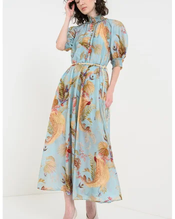 Rochie de matase cu imprimeu si croiala A, Albastru aquamarin/Coral/Verde deschis