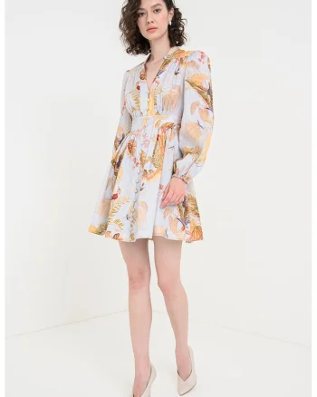 Rochie de in cu croiala A si decolteu in V, Albastru pastel/Coral/Verde deschis
