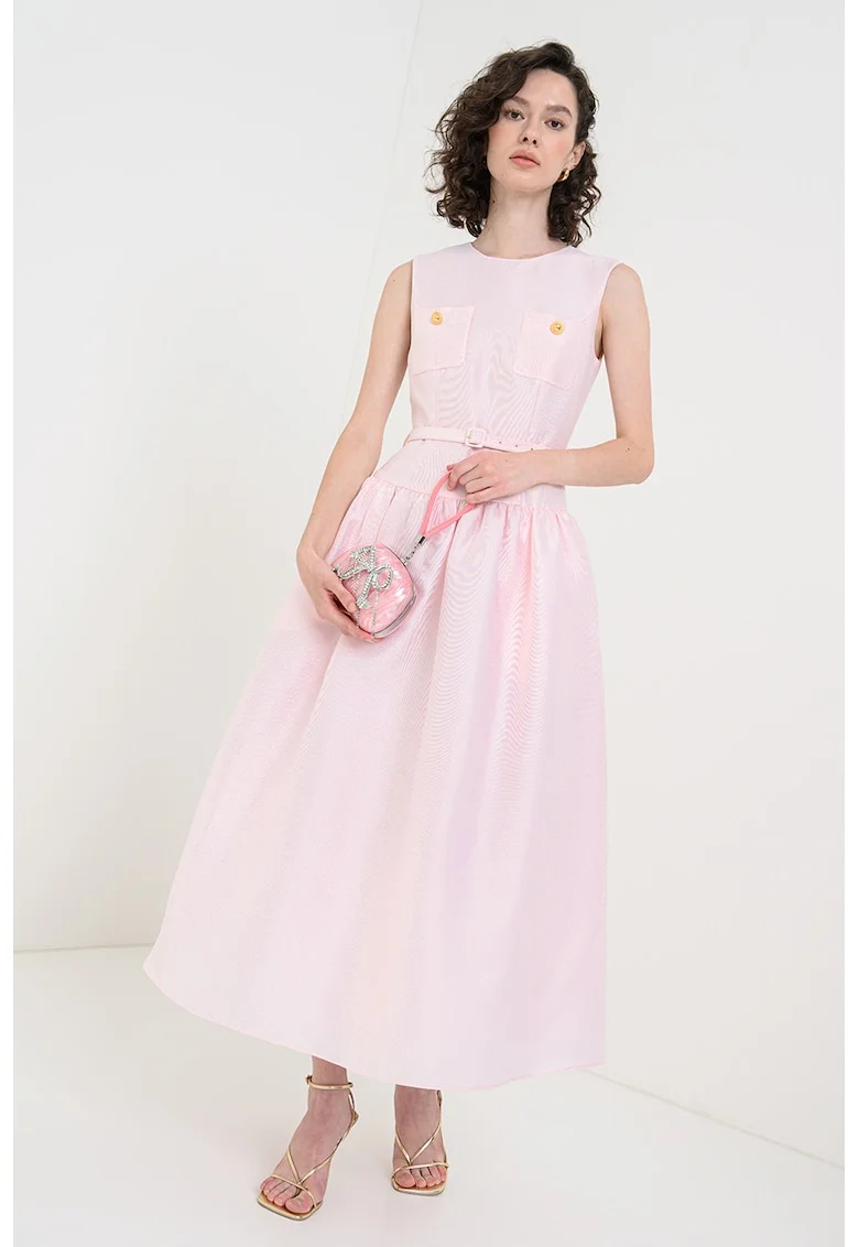 Rochie midi cu o curea in talie, Roz pastel