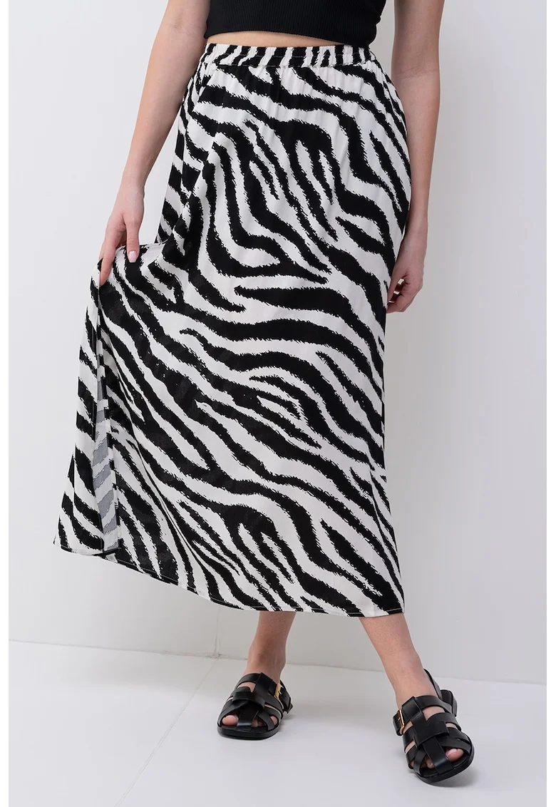 Fusta midi cu slit lateral, Alb/Negru