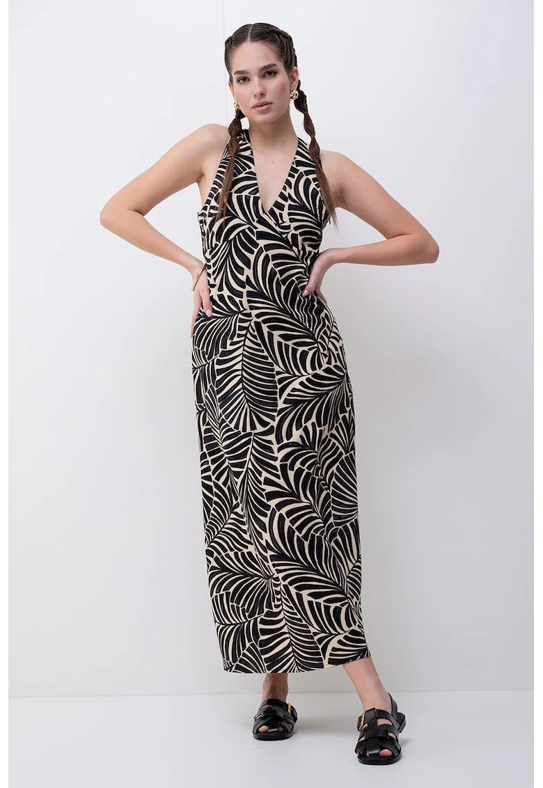 Rochie cu decolteu in V si model, Negru/Maro nisip
