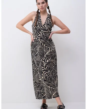Rochie cu decolteu in V si model, Negru/Maro nisip
