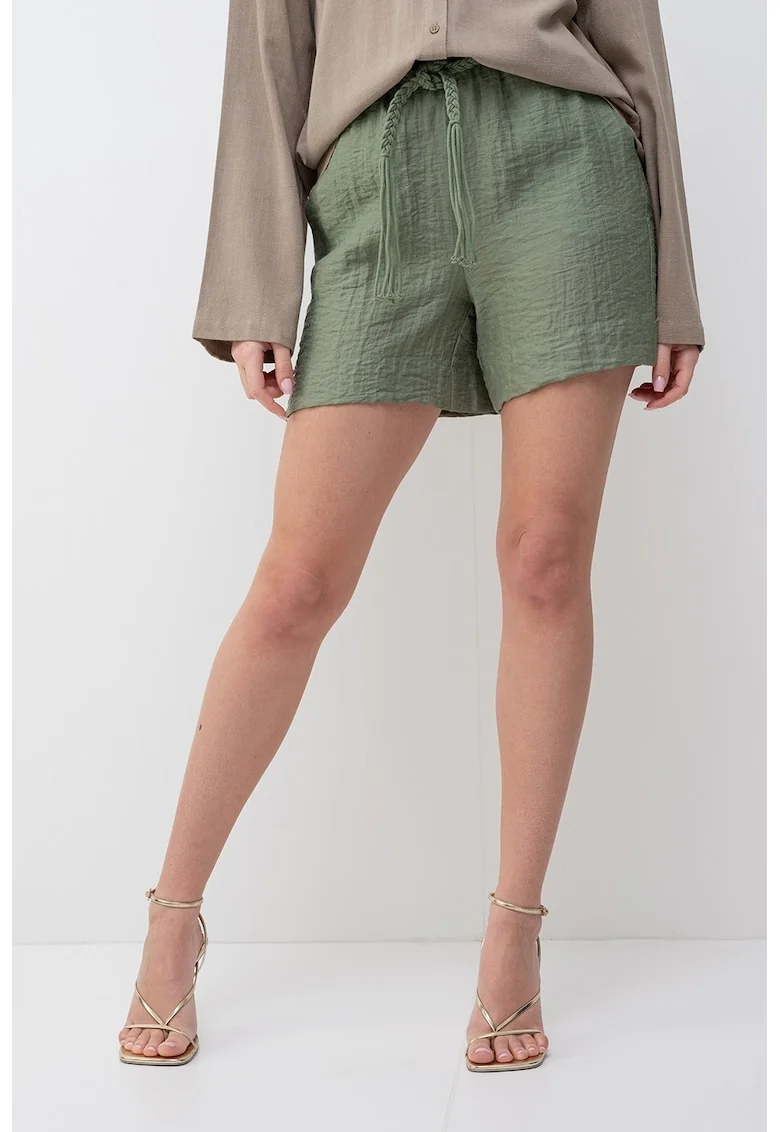Pantaloni scurti cu talie inalta din amestec de in, Verde sparanghel