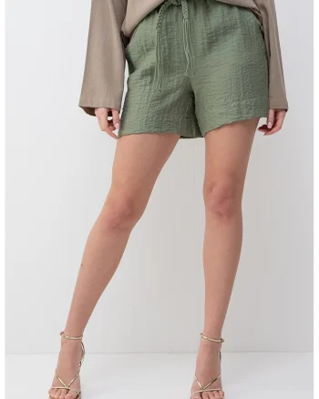Pantaloni scurti cu talie inalta din amestec de in, Verde sparanghel