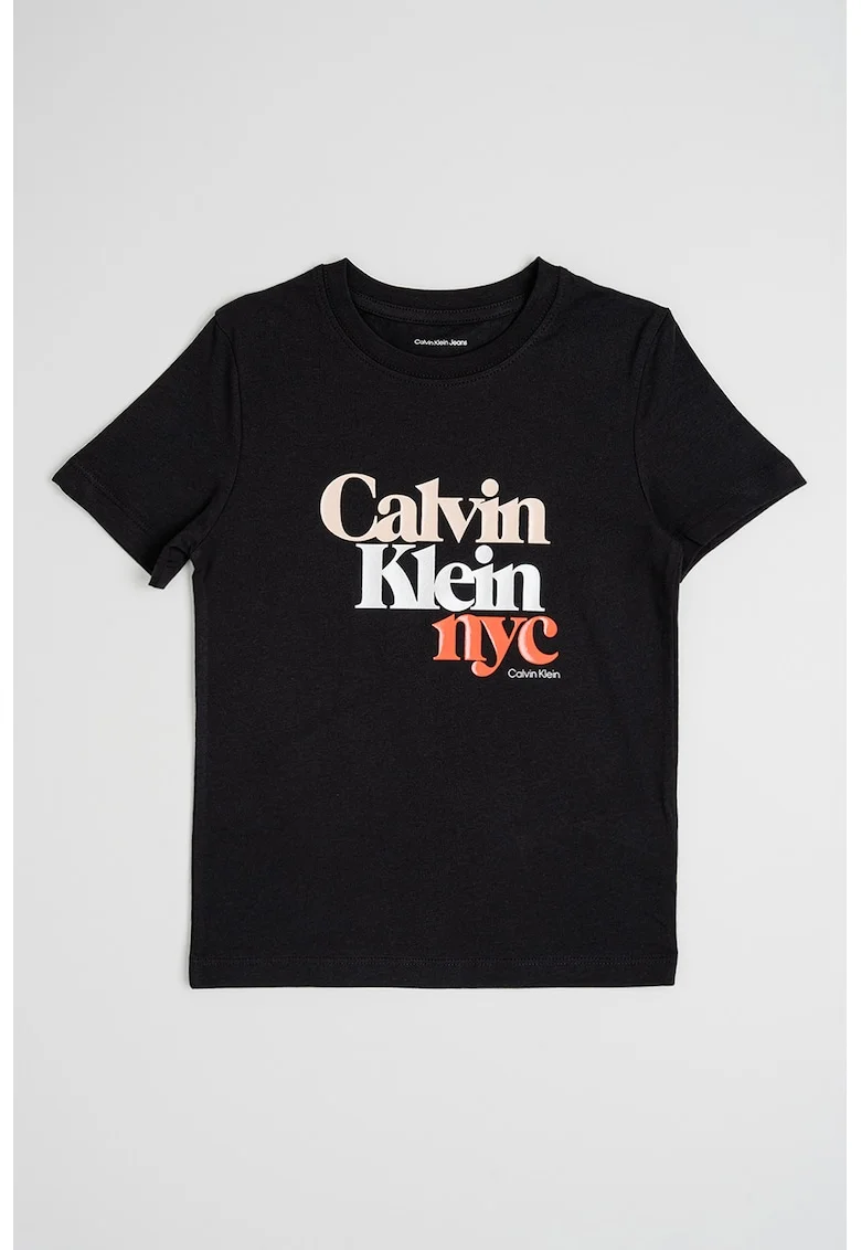 Tricou regular fit cu imprimeu logo, Negru/Coral/Piersica