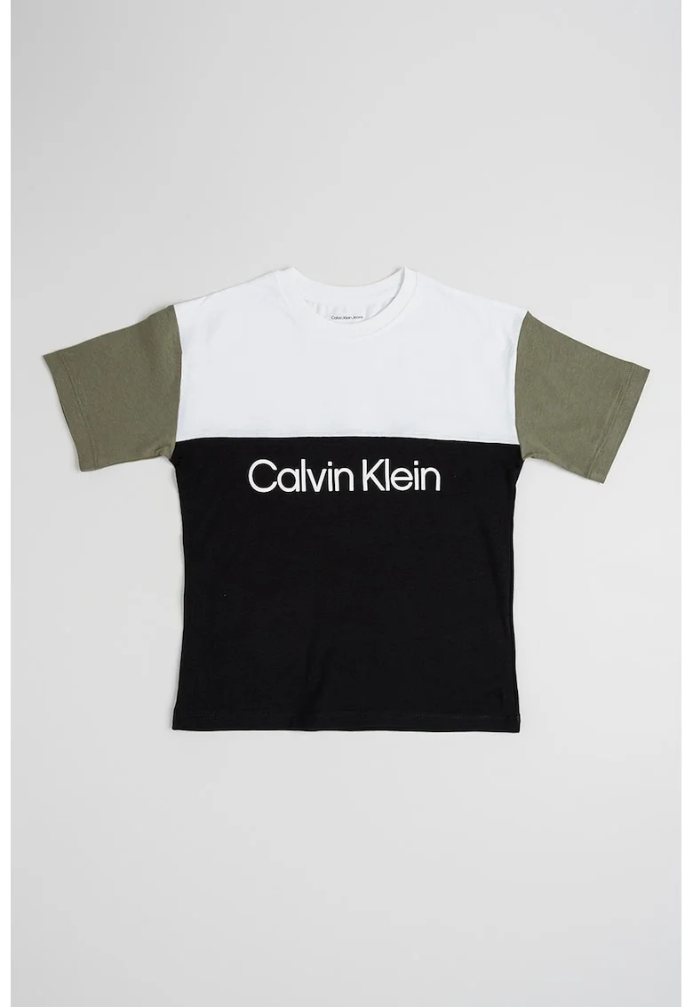Tricou cu model colorblock si imprimeu logo, Negru stins/Alb optic