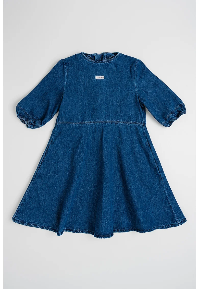 Rochie evazata de denim cu decolteu la baza gatului, Albastru inchis