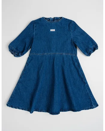 Rochie evazata de denim cu decolteu la baza gatului, Albastru inchis