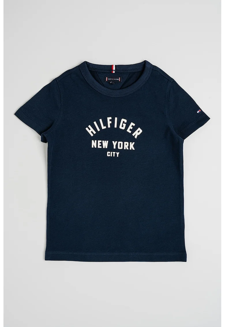 Tricou cu decolteu la baza gatului si imprimeu logo, Albastru inchis/Alb murdar