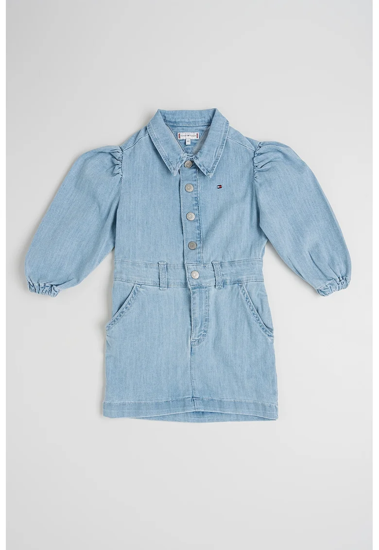 Rochie mini de denim cu maneci bufante, Albastru prafuit