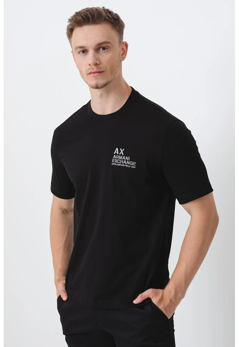 Tricou din bumbac cu logo pe piept si decolteu la baza gatului, Negru