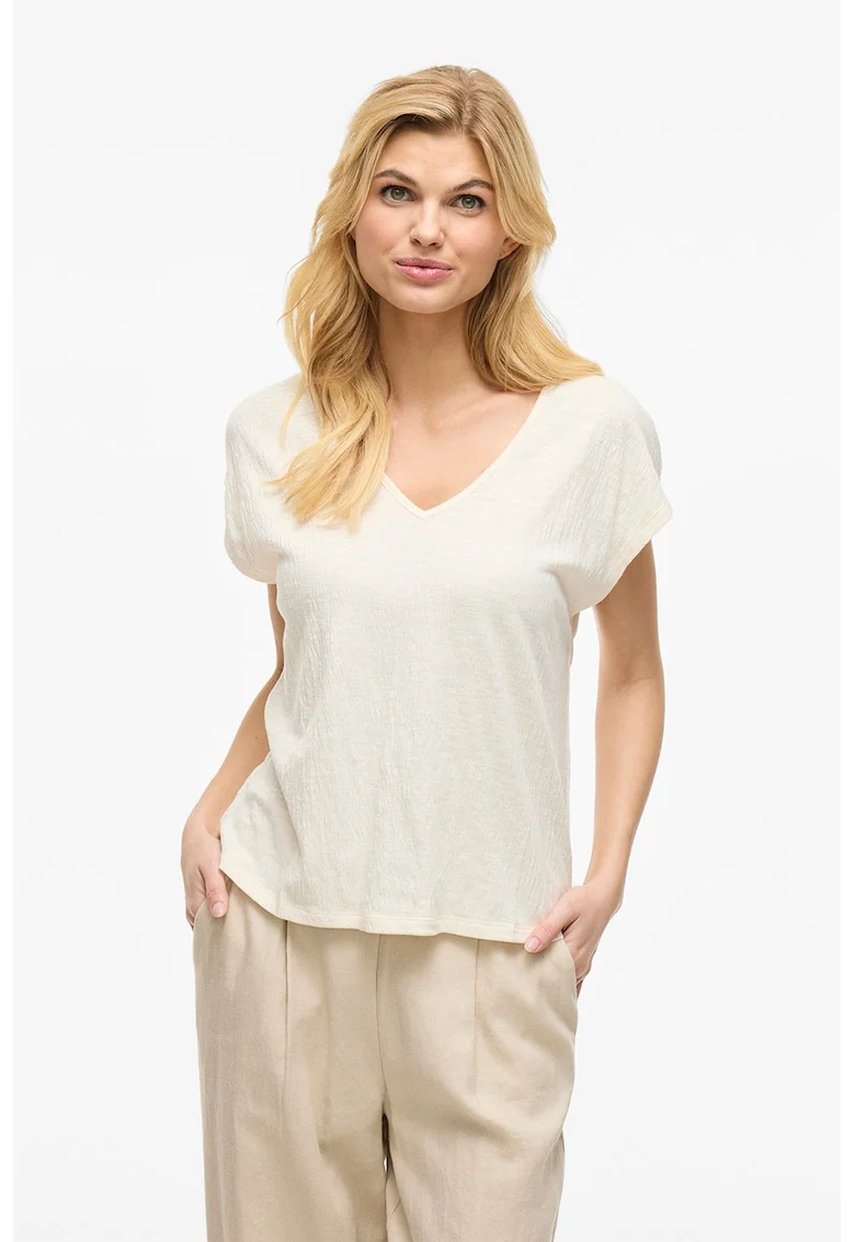 Tricou cu decolteu in V si decupaj pe spate, Alb fildes
