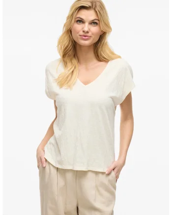 Tricou cu decolteu in V si decupaj pe spate, Alb fildes