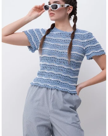 Bluza de crosetata cu maneci scurte, Alb/Albastru