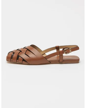 Sandale slingback de piele cu varf patrat, Maro scortisoara