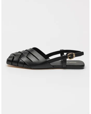 Sandale slingback de piele cu varf patrat, Negru