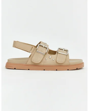 Sandale slingback din piele intoarsa sintetica cu tinte, Bej