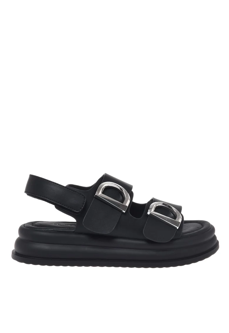 Sandale din piele cu platforma si catarama, Negru