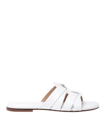 Papuci din piele cu barete multiple, Alb