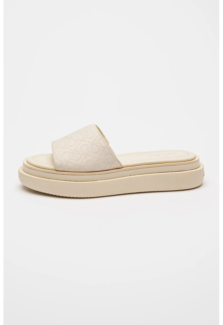 Papuci cu talpa flatform si model monograma, Alb fildes