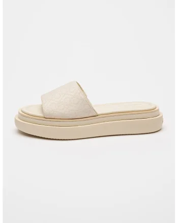 Papuci cu talpa flatform si model monograma, Alb fildes