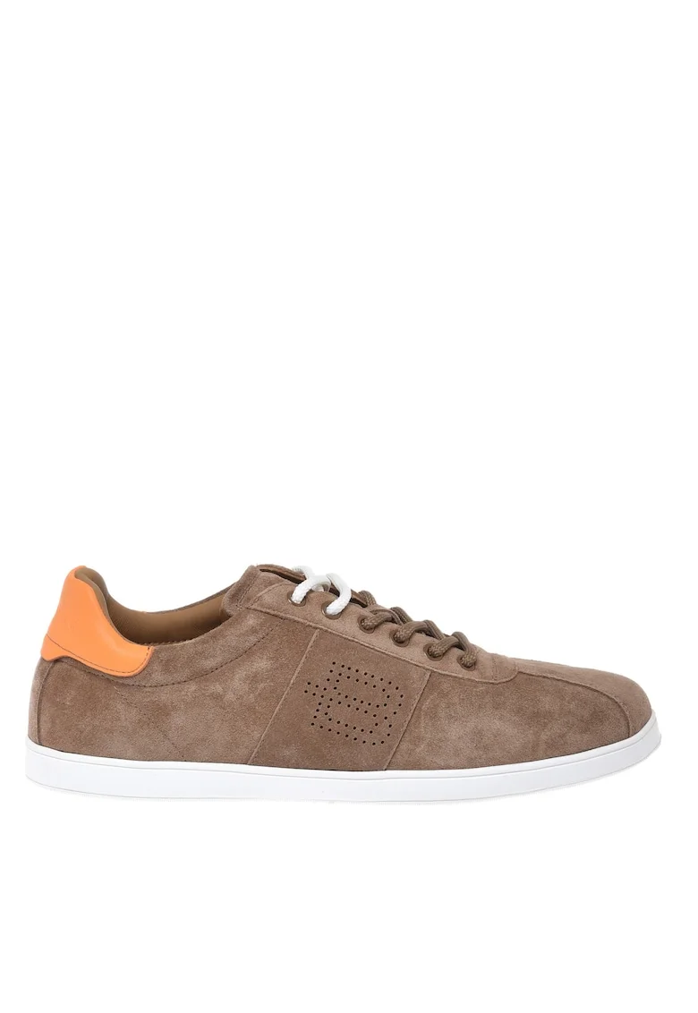 Pantofi sport low-cut din piele intoarsa cu detaliu perforat, Bej