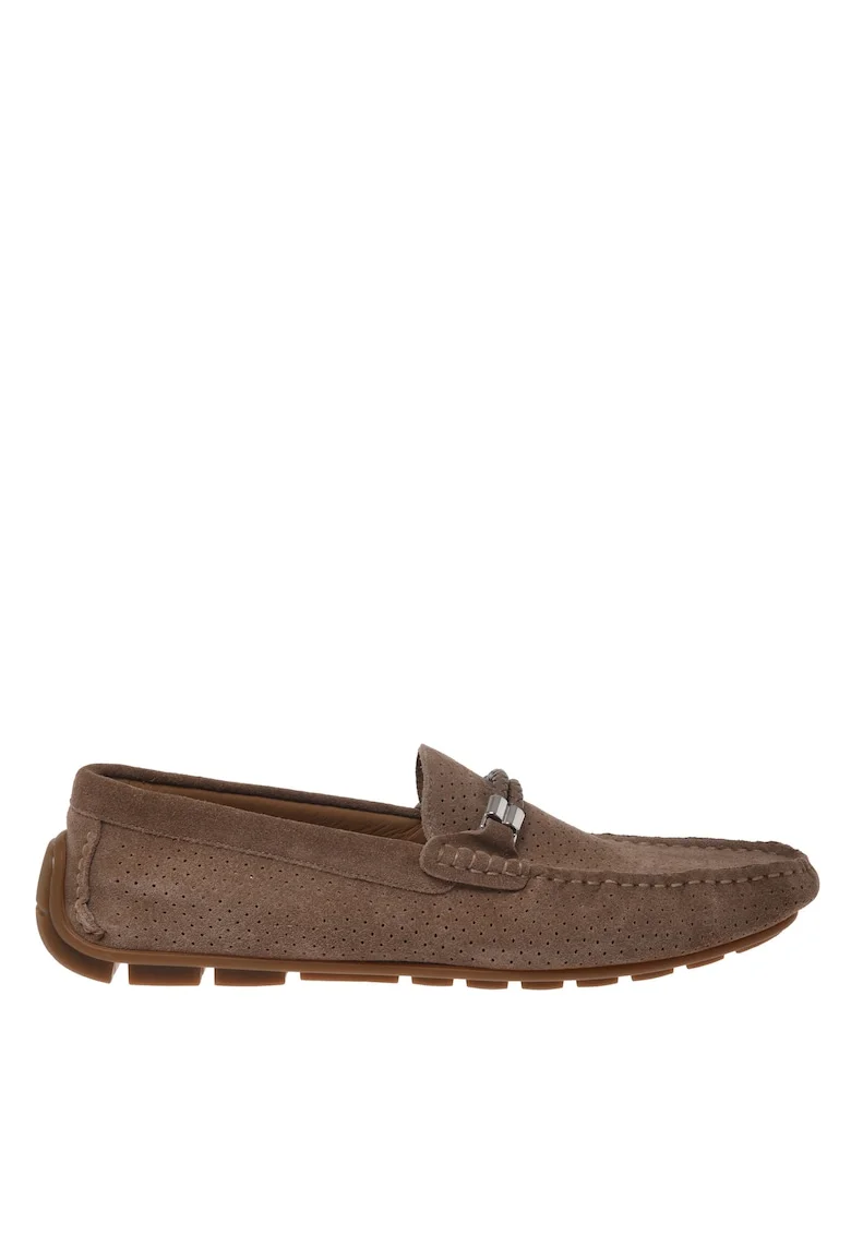 Pantofi loafer din piele intoarsa cu bareta decorativa, Bej