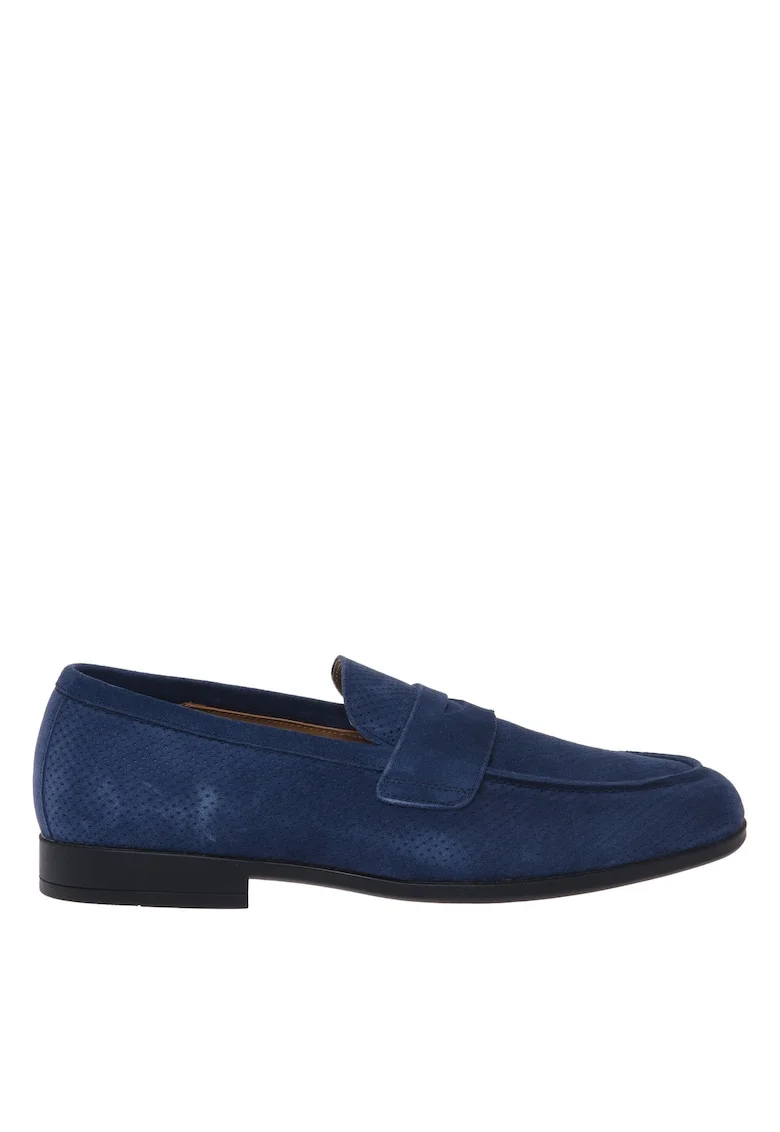 Pantofi loafer din piele intoarsa cu perforatii decorative, Albastru