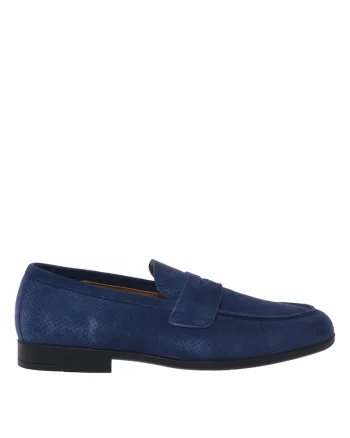 Pantofi loafer din piele intoarsa cu perforatii decorative, Albastru