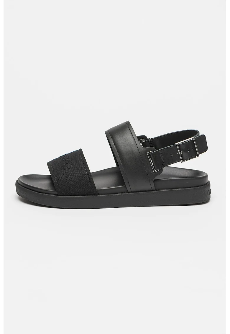 Sandale din piele si material textil cu catarama, Negru