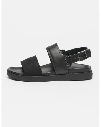 Sandale din piele si material textil cu catarama, Negru