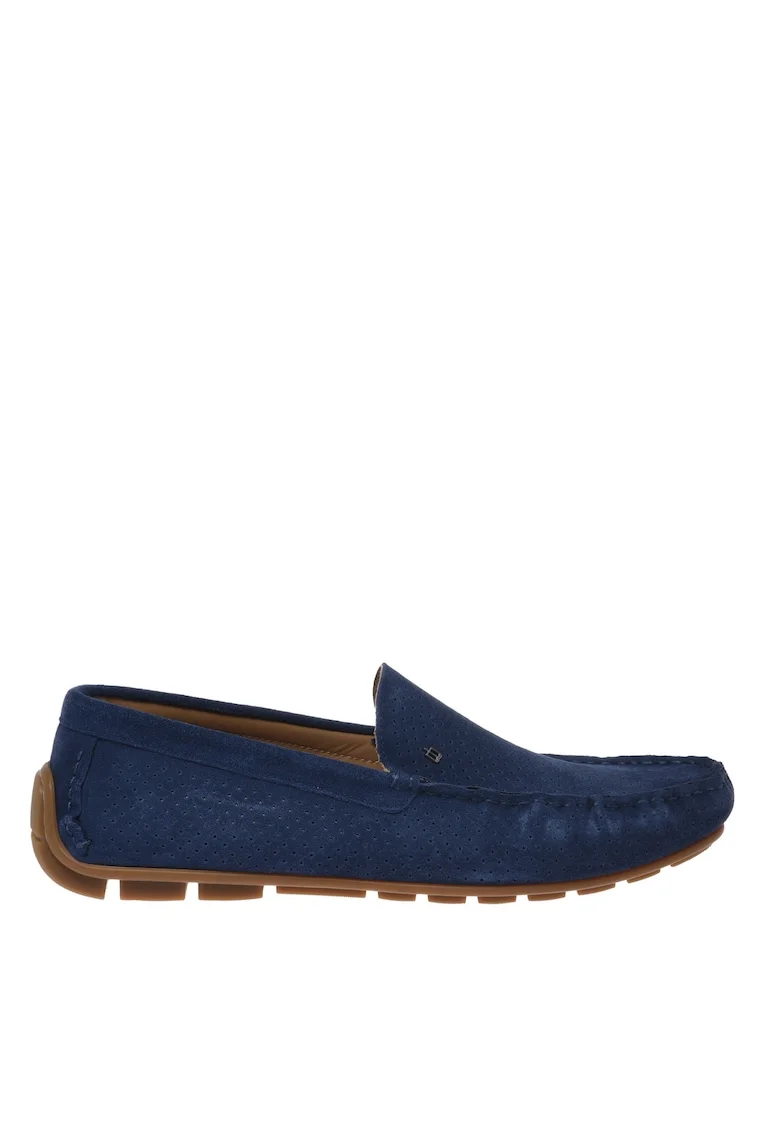 Pantofi loafer din piele intoarsa cu perforatii, Albastru