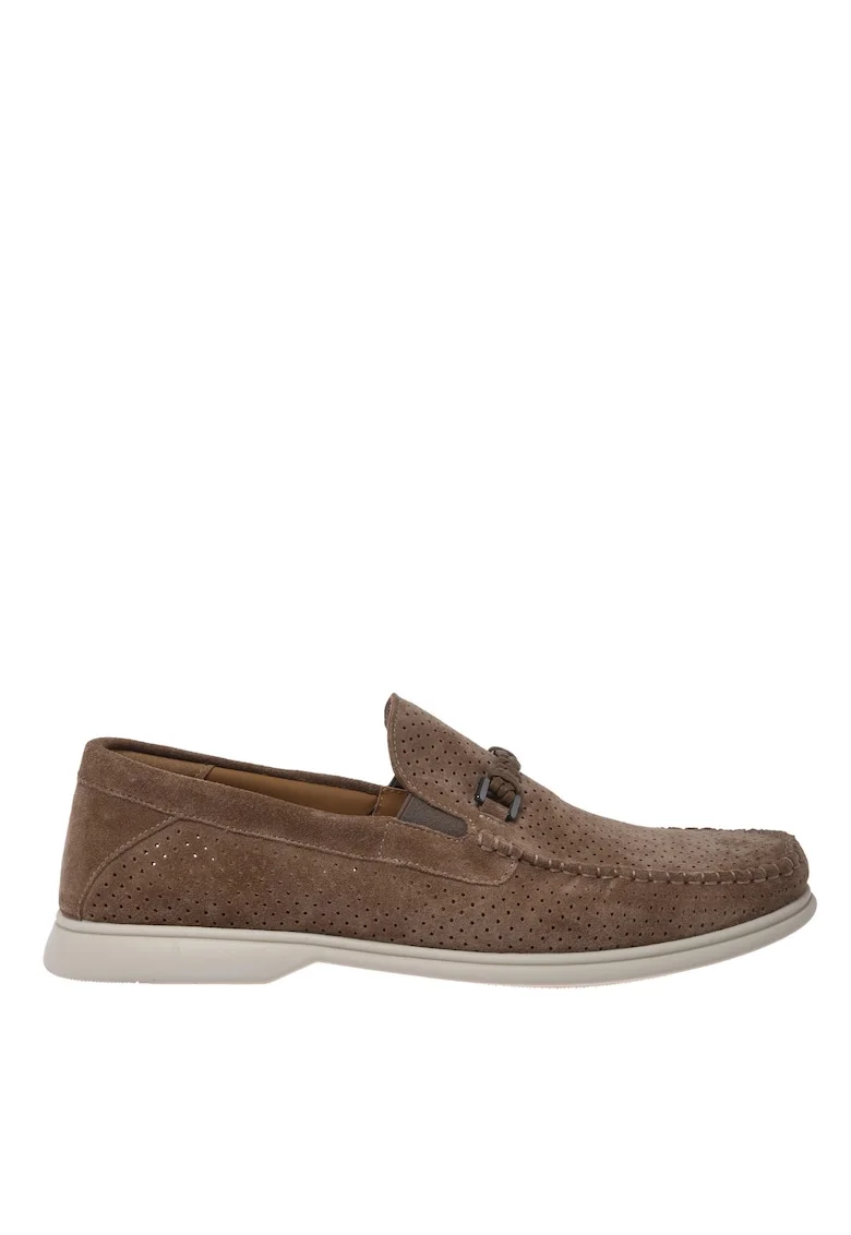 Pantofi loafer din piele intoarsa cu design perforat, Maro taupe