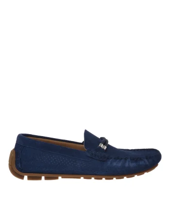 Pantofi loafer din piele intoarsa cu bareta decorativa, Albastru