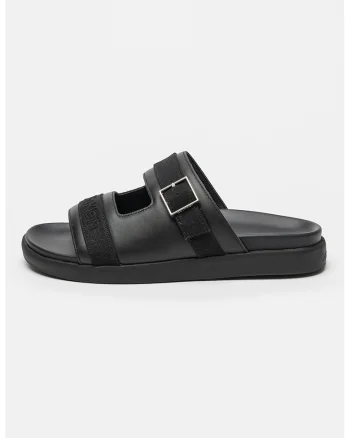 Papuci din piele cu model cu catarama, Negru