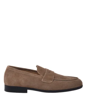 Pantofi loafer din piele intoarsa cu design perforat, Bej
