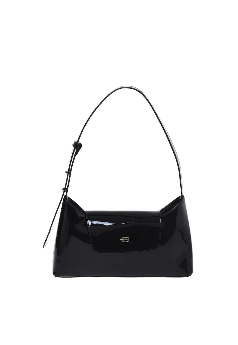 Geanta de piele lacuita cu bareta ajustabila, Negru, 16x27x5.5