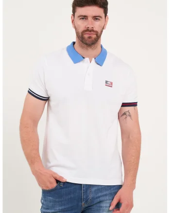 Tricou polo cu guler si mansete contrastante, Alb/Albastru