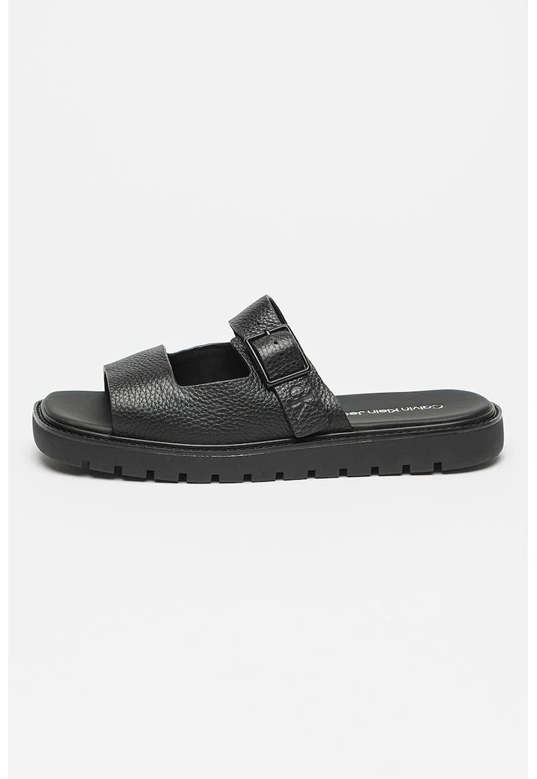 Papuci din piele cu catarama decorativa, Negru