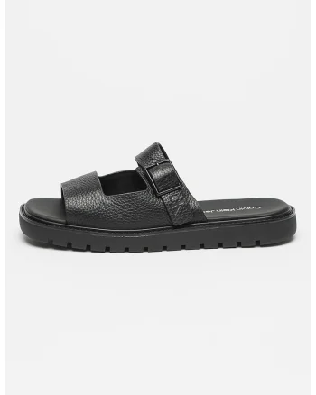 Papuci din piele cu catarama decorativa, Negru
