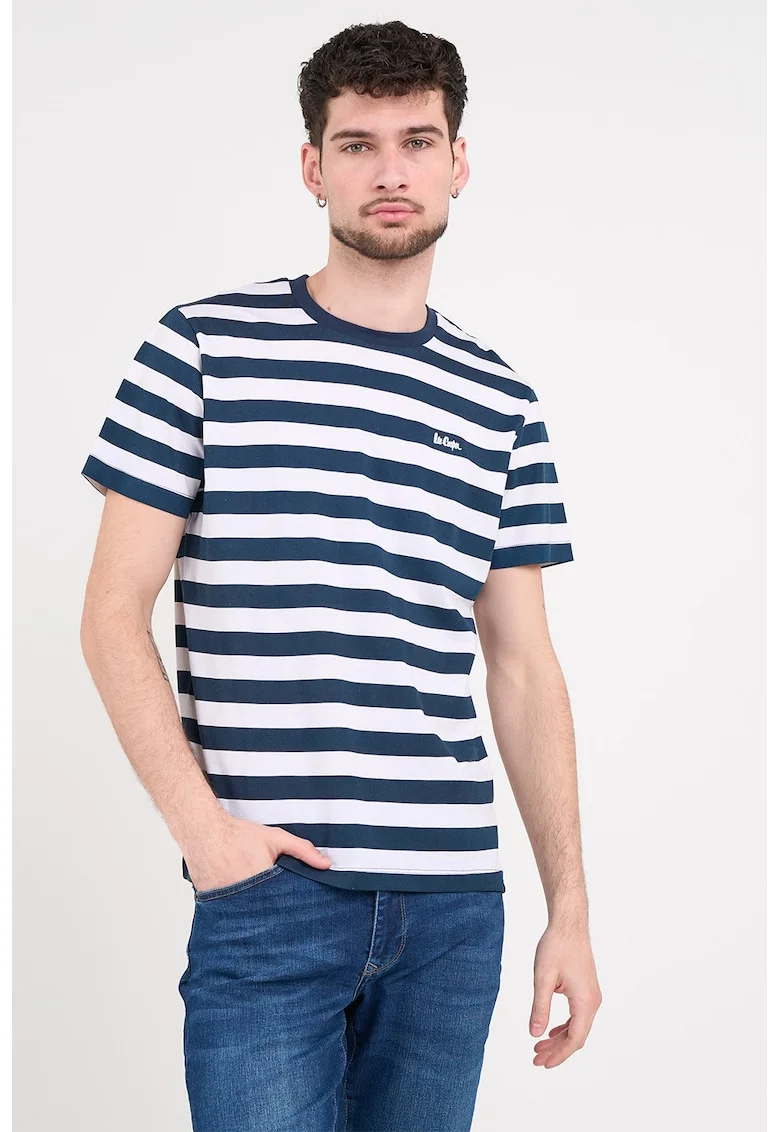 Tricou cu dungi si logo discret, Alb/Bleumarin