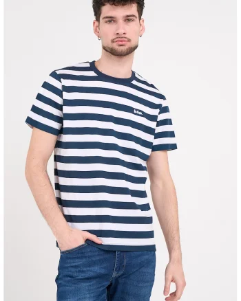 Tricou cu dungi si logo discret, Alb/Bleumarin