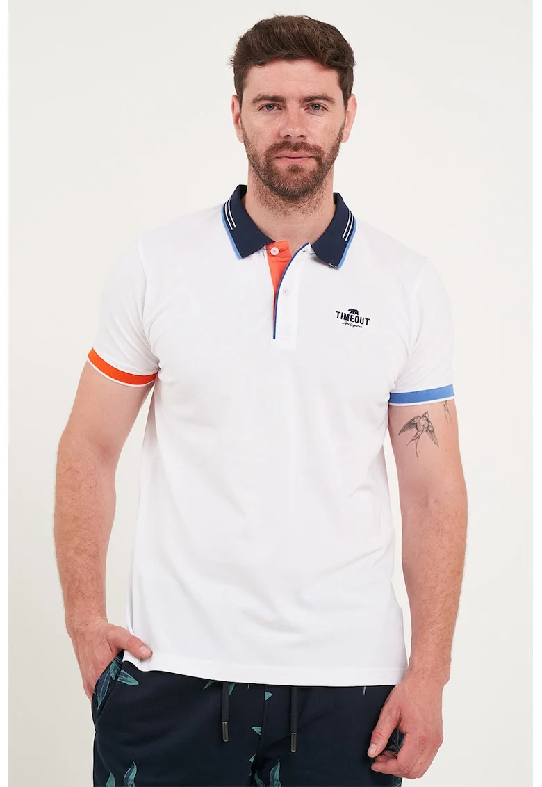 Tricou polo cu logo brodat, Alb/Bleumarin