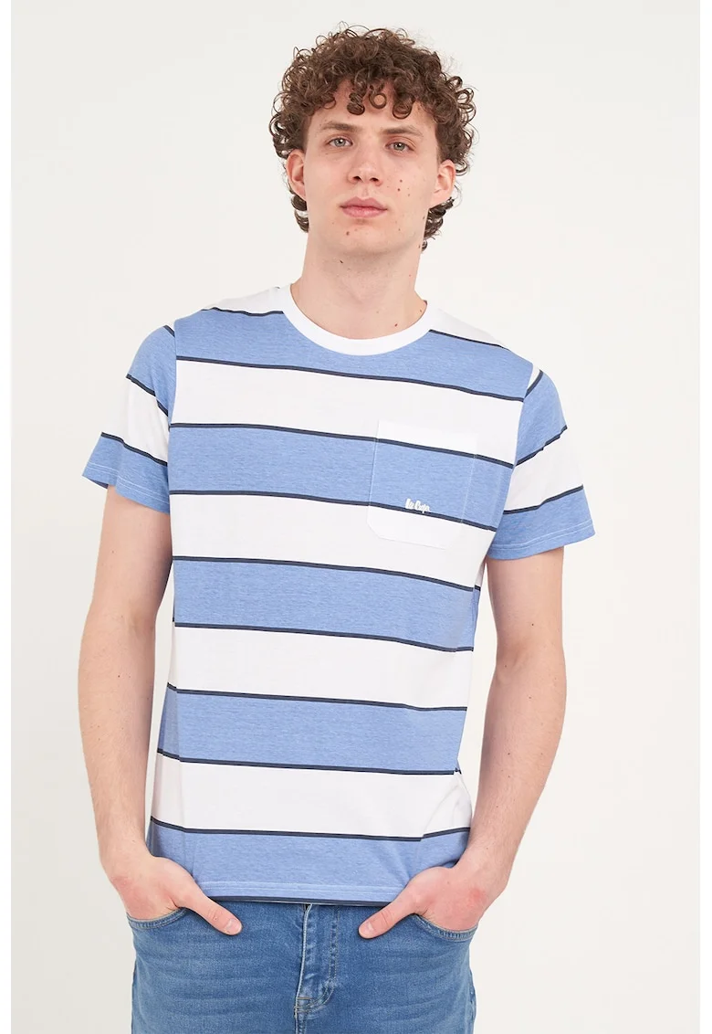 Tricou cu dungi si buzunar pe piept, Alb/Albastru deschis