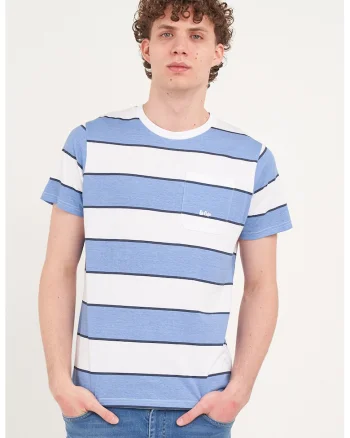 Tricou cu dungi si buzunar pe piept, Alb/Albastru deschis