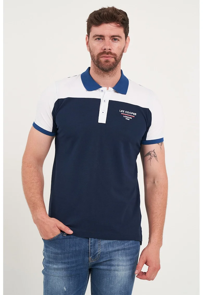 Tricou polo cu model colorblock, Alb/Bleumarin