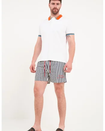 Pantaloni scurti de baie cu logo si dungi, Alb/Albastru ultramarin