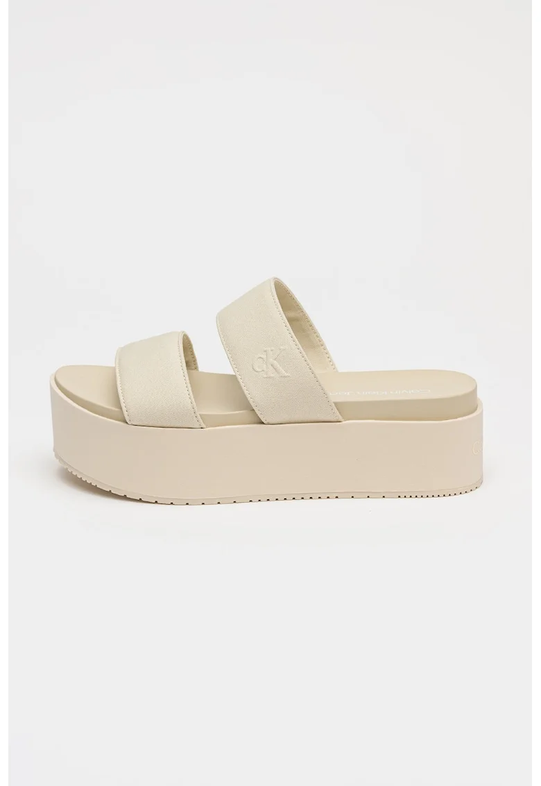 Papuci cu talpa flatform si bareta dubla, Maro nisip