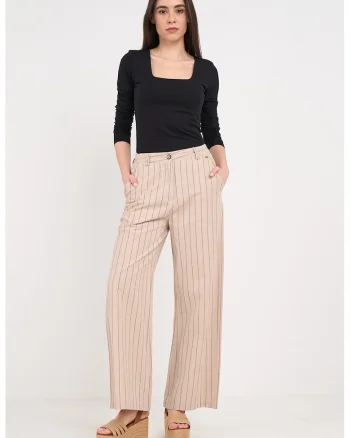 Pantaloni cu dungi si croiala ampla, Bej