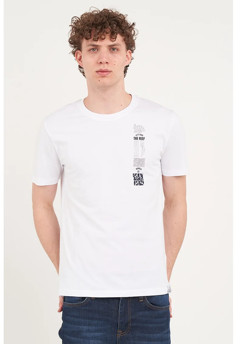 Tricou cu decolteu la baza gatului si imprimeu grafic si text, Alb